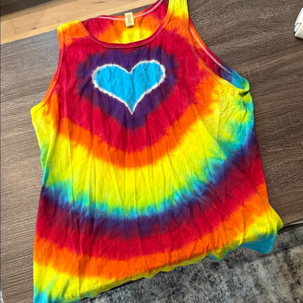 Tie-Dye Tank Top with Heart Design - Red, Yellow, Blue